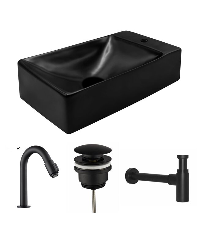 Fonteinset mini Mat Zwart Kraangat Rechts 37.5X21.5X10cm met Fonteinkraan draaiknop.