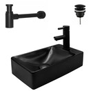 Fonteinset Mini Mat Zwart Aloni met Kraangat rechts Toiletkraan met draaiknop sifon en clickwaste 37X2X10cm