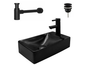 Fonteinset Mini Mat Zwart Aloni met Kraangat rechts Toiletkraan met draaiknop sifon en clickwaste 37X2X10cm