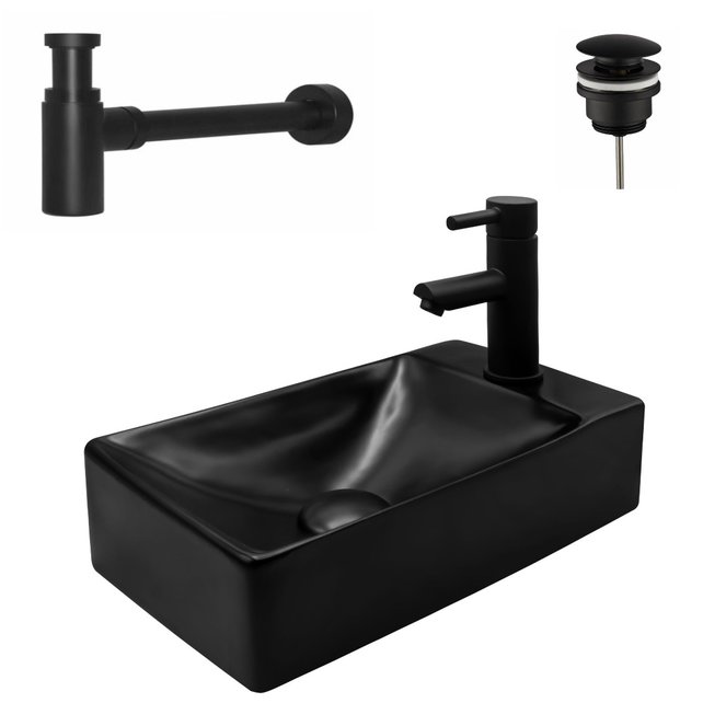 Fonteinset Mini Mat Zwart Aloni met Kraangat rechts Toiletkraan met draaiknop sifon en clickwaste 37X2X10cm Fonteinset Mini Mat Zwart Aloni met Kraangat rechts Toiletkraan met draaiknop sifon en clickwaste 37X2X10cm