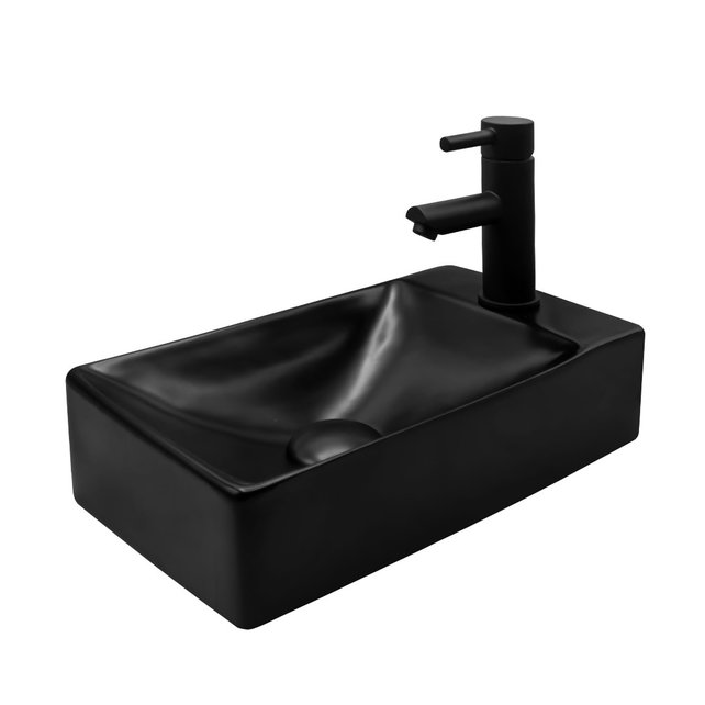 Fonteinset Mini Mat Zwart Aloni met Kraangat rechts Toiletkraan met draaiknop sifon en clickwaste 37X2X10cm Fonteinset Mini Mat Zwart Aloni met Kraangat rechts Toiletkraan met draaiknop sifon en clickwaste 37X2X10cm