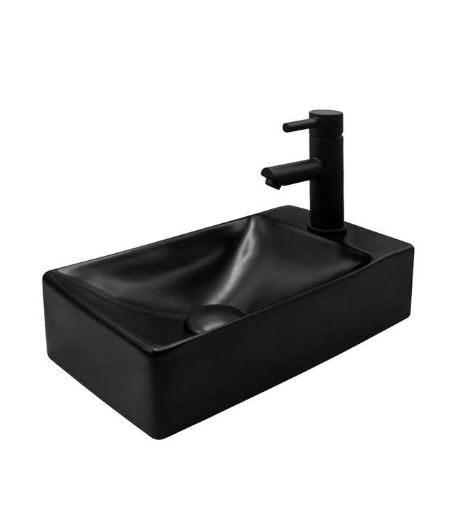 CREAVIT Fonteinset Mini Mat Zwart Aloni met Kraangat rechts Toiletkraan met draaiknop sifon en clickwaste 37X2X10cm