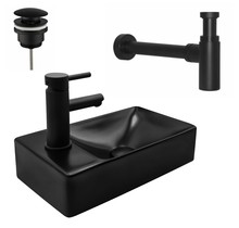 Mini Fonteinset Mat Zwart Aloni met Kraangat Links Toiletkraan sifon en clickwaste 37X2X10cm