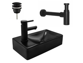 Mini Fonteinset Mat Zwart Aloni met Kraangat Links Toiletkraan sifon en clickwaste 37X2X10cm