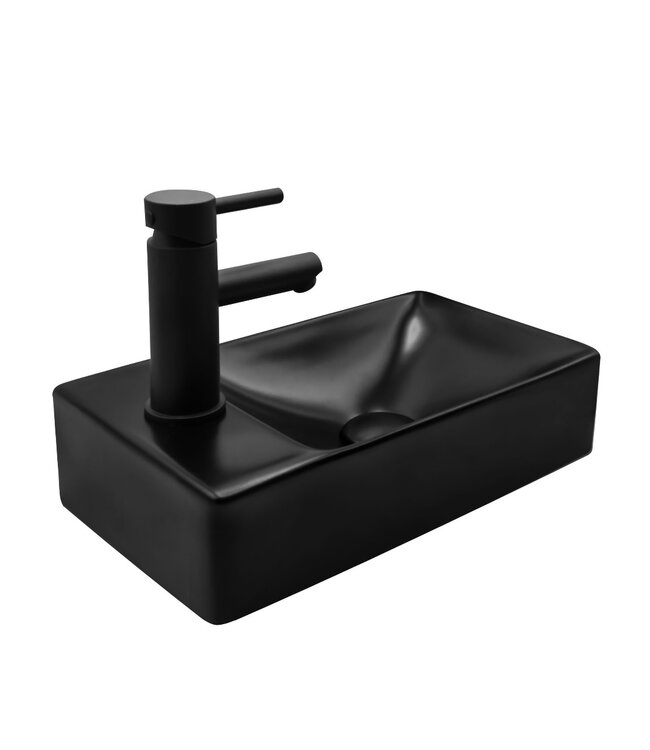 CREAVIT Mini Fonteinset Mat Zwart Aloni met Kraangat Links Toiletkraan sifon en clickwaste 37X2X10cm