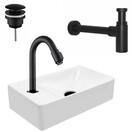 Mini Fonteinset Zwart Wit Mat Kraangat Links met toiletkraan draaiknop 37x22x10cm Aloni