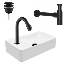 Mini Fonteinset Zwart Wit Mat Kraangat Links met toiletkraan draaiknop 37x22x10cm Aloni