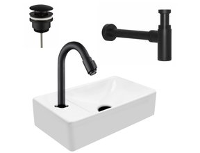 Mini Fonteinset Zwart Wit Mat Kraangat Links met toiletkraan draaiknop 37x22x10cm Aloni