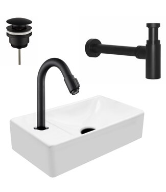 CREAVIT Mini Fonteinset Zwart Wit Mat Kraangat Links met toiletkraan draaiknop 37x22x10cm Aloni