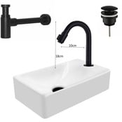 Mini Fonteinset Zwart Wit Mat Kraangat Rechts met toiletkraan draaiknop 37x22x10cm Aloni