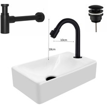 Mini Fonteinset Zwart Wit Mat Kraangat Rechts met toiletkraan draaiknop 37x22x10cm Aloni