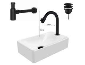 Mini Fonteinset Zwart Wit Mat Kraangat Rechts met toiletkraan draaiknop 37x22x10cm Aloni