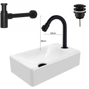 Mini Fonteinset Zwart Wit Mat Kraangat Rechts met toiletkraan draaiknop 37x22x10cm Aloni