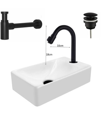 CREAVIT Mini Fonteinset Zwart Wit Mat Kraangat Rechts met toiletkraan draaiknop 37x22x10cm Aloni