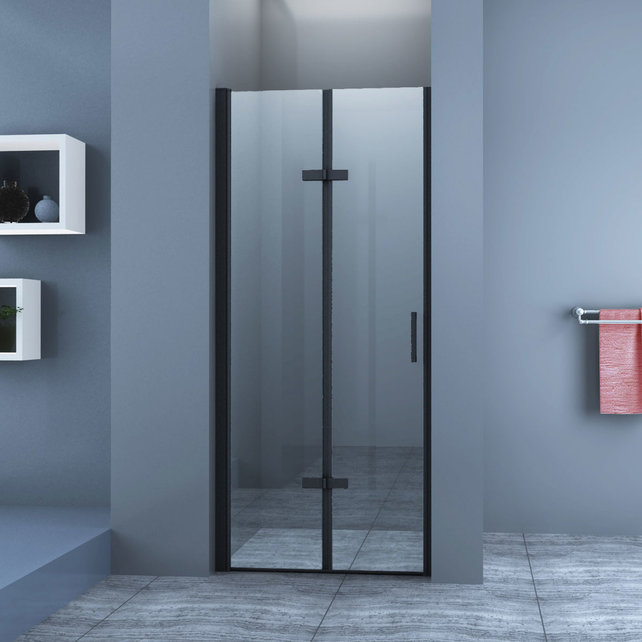 Douchedeur Miami Nisdeur Vouwdeur Zwart 90x202cm Antikalk Helder Glas Zwart Profiel 8mm Veiligheidsglas