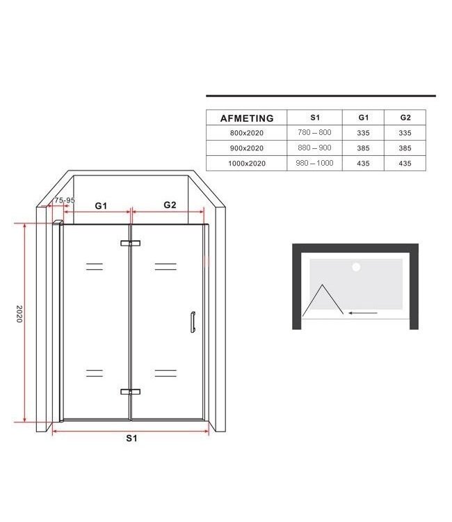 Douchedeur Miami Nisdeur Vouwdeur 100x202cm Antikalk Helder Glas Chroom Profiel 8mm Veiligheidsglas