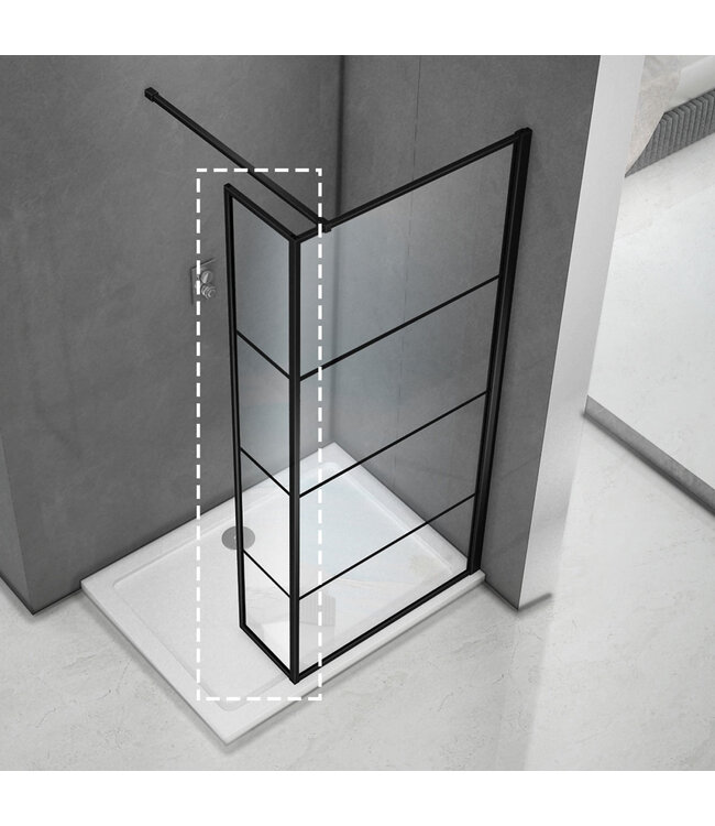 Douchewand Collins 30x200cm Antikalk Helder Glas Mat Zwart Hoekprofiel 8mm Veiligheidsglas Easy Clean