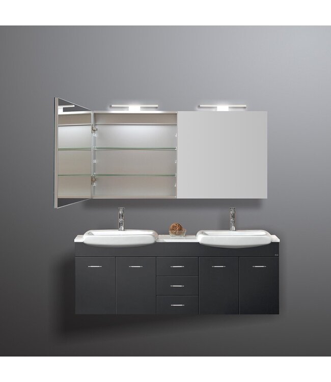 Spiegelkast Pandora 140x60x14cm Aluminium LED Verlichting Stopcontact Binnen en Buiten Spiegel Glazen Planken