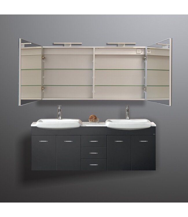 Spiegelkast Pandora 140x60x14cm Aluminium LED Verlichting Stopcontact Binnen en Buiten Spiegel Glazen Planken