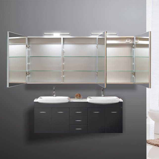 Spiegelkast Pandora 160x60x14cm Aluminium LED Verlichting Stopcontact Binnen en Buiten Spiegel Glazen Planken