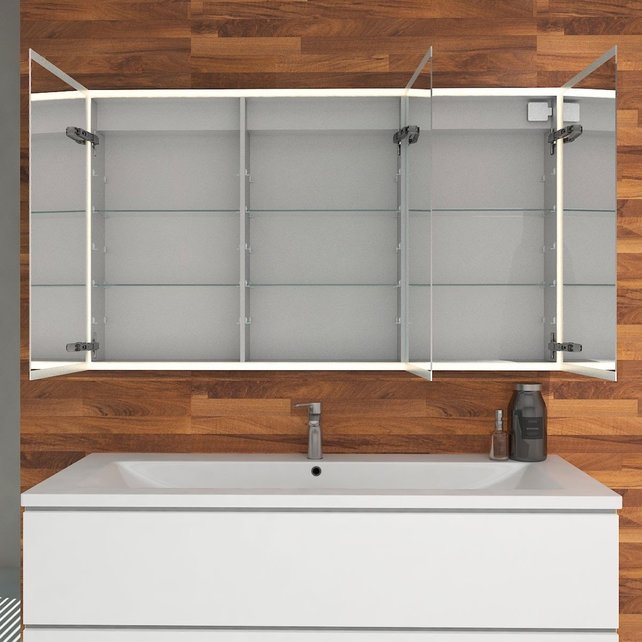 Spiegelkast Quatro 120x70x13cm Aluminium Geintegreerde LED Verlichting Sensor Lichtschakelaar Stopcontact Glazen Planken Spiegelkast Quatro 120x70x13cm Aluminium Geintegreerde LED Verlichting Sensor Lichtschakelaar Stopcontact Glazen Planken