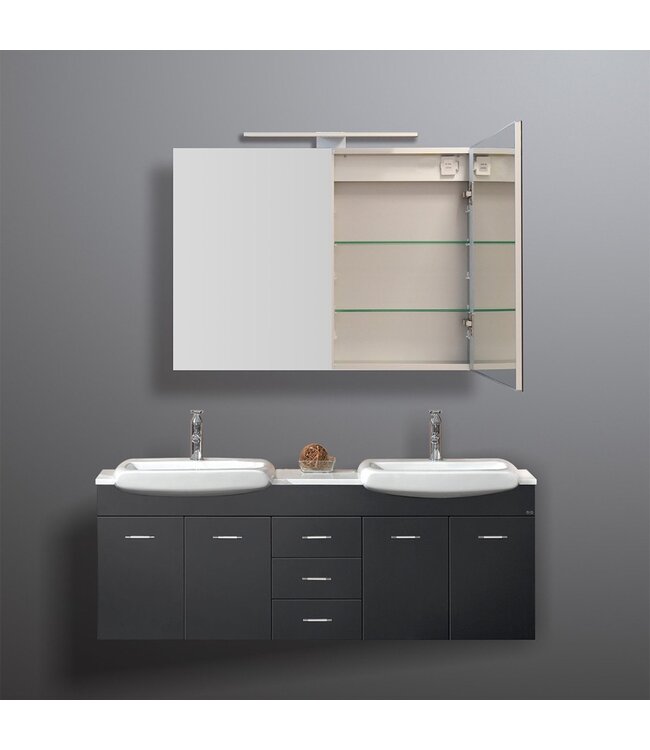 Spiegelkast Pandora 100x60x14cm Aluminium LED Verlichting Stopcontact Binnen en Buiten Spiegel Glazen Planken