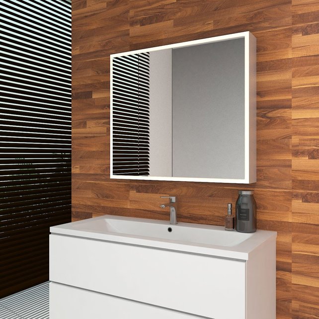 Spiegelkast Quatro 80x70x13cm Aluminium Geintegreerde LED Verlichting Sensor Lichtschakelaar Stopcontact Glazen Planken