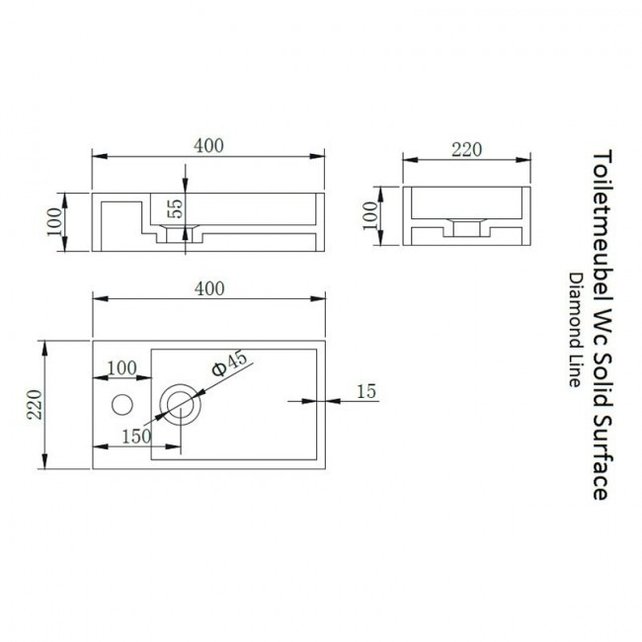 Fonteinset Nila Solid Surface RVS Links 40x22x10cm Toiletkraan clickwaste Sifon RVS
