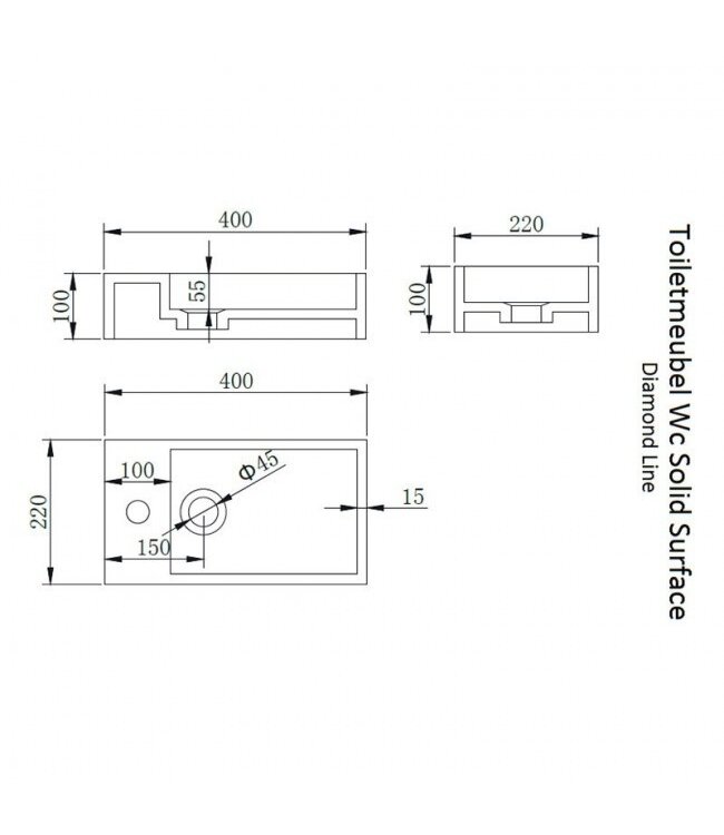 Fonteinset Nila Koper Solid Surface Links 40x22x10cm Toiletkraan clickwaste Sifon Koper