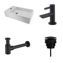 Fonteinset Nila Mat Zwart Solid Surface Links 40x22x10cm Toiletkraan Hendel clickwaste Sifon Mat Zwart