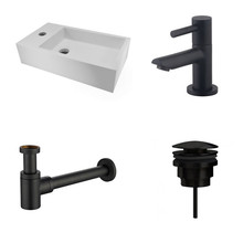 Fonteinset Nila Mat Zwart Solid Surface Links 40x22x10cm Toiletkraan Hendel clickwaste Sifon Mat Zwart