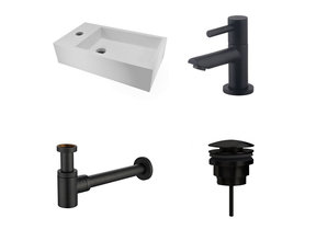 Fonteinset Nila Mat Zwart Solid Surface Links 40x22x10cm Toiletkraan Hendel clickwaste Sifon Mat Zwart