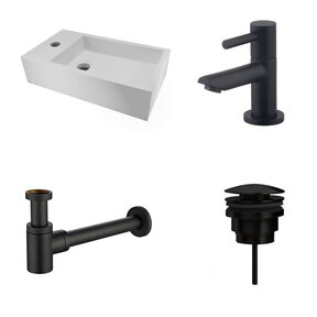 Fonteinset Nila Mat Zwart Solid Surface Links 40x22x10cm Toiletkraan Hendel clickwaste Sifon Mat Zwart