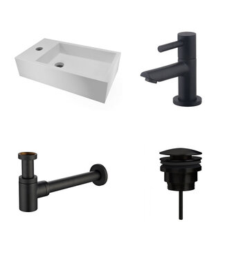 Wiesbaden Fonteinset Nila Mat Zwart Solid Surface Links 40x22x10cm Toiletkraan Hendel clickwaste Sifon Mat Zwart