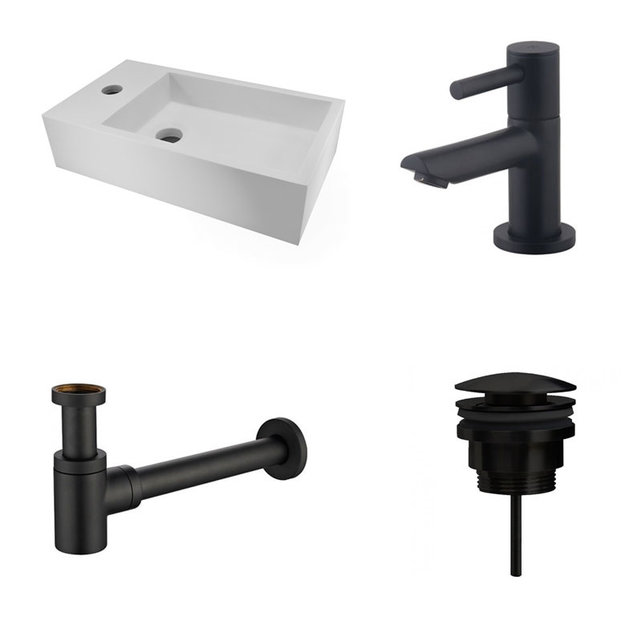 Fonteinset Nila Mat Zwart Solid Surface Links 40x22x10cm Toiletkraan Hendel clickwaste Sifon Mat Zwart Fonteinset Nila Mat Zwart Solid Surface Links 40x22x10cm Toiletkraan Hendel clickwaste Sifon Mat Zwart