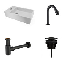 Fonteinset Nila Mat Zwart Solid Surface Links 40x22x10cm Toiletkraan Knop clickwaste Sifon Mat Zwart