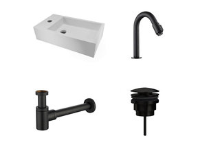 Fonteinset Nila Mat Zwart Solid Surface Links 40x22x10cm Toiletkraan Knop clickwaste Sifon Mat Zwart