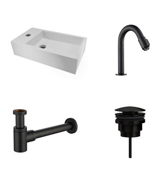 Wiesbaden Fonteinset Nila Mat Zwart Solid Surface Links 40x22x10cm Toiletkraan Knop clickwaste Sifon Mat Zwart