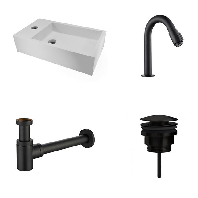 Fonteinset Nila Mat Zwart Solid Surface Links 40x22x10cm Toiletkraan Knop clickwaste Sifon Mat Zwart Fonteinset Nila Mat Zwart Solid Surface Links 40x22x10cm Toiletkraan Knop clickwaste Sifon Mat Zwart