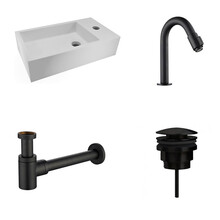 Fonteinset Nila Solid Surface Mat Zwart Rechts 40x22x10cm Toiletkraan Knop clickwaste Sifon Mat Zwart