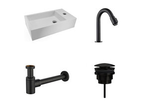 Fonteinset Nila Solid Surface Mat Zwart Rechts 40x22x10cm Toiletkraan Knop clickwaste Sifon Mat Zwart