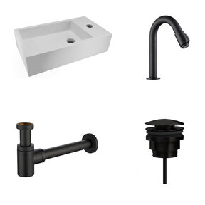 Fonteinset Nila Solid Surface Mat Zwart Rechts 40x22x10cm Toiletkraan Knop clickwaste Sifon Mat Zwart