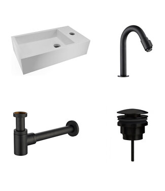 Wiesbaden Fonteinset Nila Solid Surface Mat Zwart Rechts 40x22x10cm Toiletkraan Knop clickwaste Sifon Mat Zwart