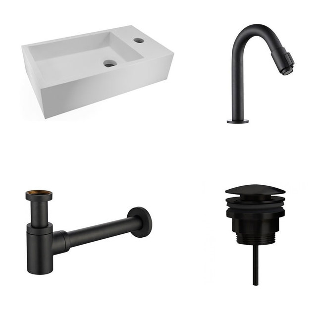 Fonteinset Nila Solid Surface Mat Zwart Rechts 40x22x10cm Toiletkraan Knop clickwaste Sifon Mat Zwart Fonteinset Nila Solid Surface Mat Zwart Rechts 40x22x10cm Toiletkraan Knop clickwaste Sifon Mat Zwart