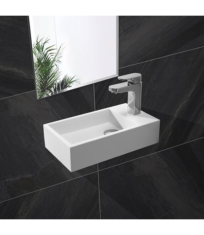 Fonteinset Nila Solid Surface Mat Zwart Rechts 40x22x10cm Toiletkraan Knop clickwaste Sifon Mat Zwart
