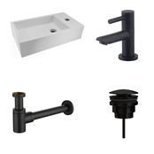 Fonteinset Nila Mat Zwart Solid Surface Rechts 40x22x10cm Toiletkraan Hendel Clickwaste Sifon