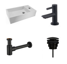 Fonteinset Nila Mat Zwart Solid Surface Rechts 40x22x10cm Toiletkraan Hendel Clickwaste Sifon