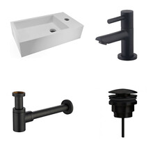 Fonteinset Nila Mat Zwart Solid Surface Rechts 40x22x10cm Toiletkraan Hendel Clickwaste Sifon