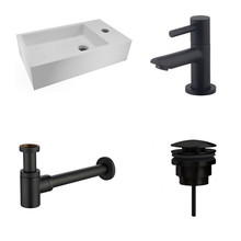 Fonteinset Nila Mat Zwart Solid Surface Rechts 40x22x10cm Toiletkraan Hendel Clickwaste Sifon