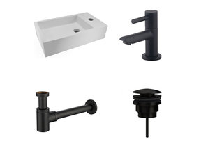 Fonteinset Nila Mat Zwart Solid Surface Rechts 40x22x10cm Toiletkraan Hendel Clickwaste Sifon
